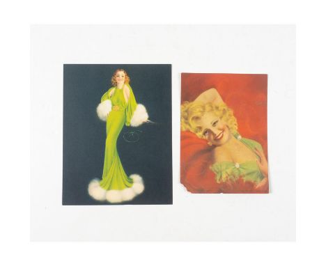 Two beautiful pinup girls, both in green glamorous outfits a red lipstick smiles. Largest print is 6.5in H x 5in L. Artist: B