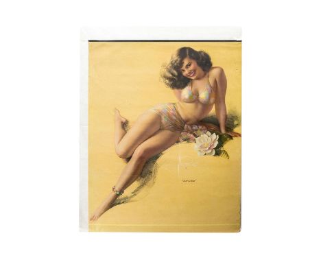 Original Vintage Pin-Up Fine Art Print Depicting a Beautiful Brunette Lady in Swimming Suite. Titled 'That's a Deal'. Measure