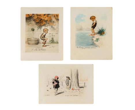 Artist signed; print on canvas paper; 'Ce que c'est Pratique!', 'Il A Bu De L'eau', and 'Ne Buvez Jamais D'eau'.Ce que c'est 