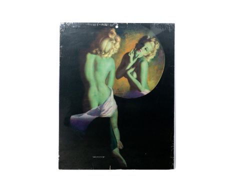 Vintage Pin Up Print Depicting Nude Merilyn Monroe Seated By The Mirror. Titled 'Meditation'. Measures 21"" x 16.5"" includin
