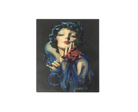 Vintage print of a 1920â€™s deco beauty in a blue lace shawl and rose. Artist: Rolf ArmstrongDimensions: 12""H x 9""Dia.Condi