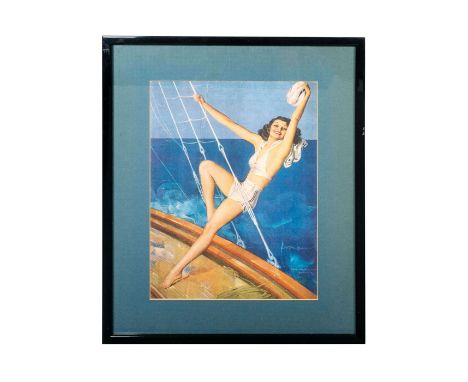 Vintage print of a pinup girl on a sailboat titled Sailor Beware. Framed and matted behind glass: 21in H x 16.5in L x 1in W. 