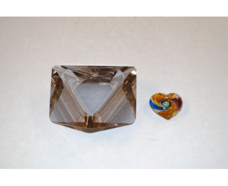 An Art Glass ash tray and a heart shaped glass paperweight