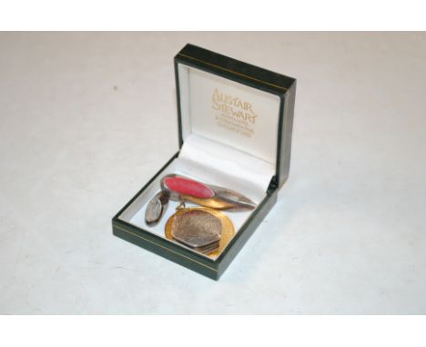 A silver gilt medallion; a 925 silver pin cushion in the form of a shoe another in the form of a clog and a hexagonal silver 
