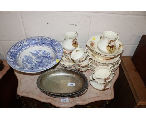A blue and white transfer printed bowl AF; a quantity of Alfred Meakin dinnerware decorated with hunting scenes etc.