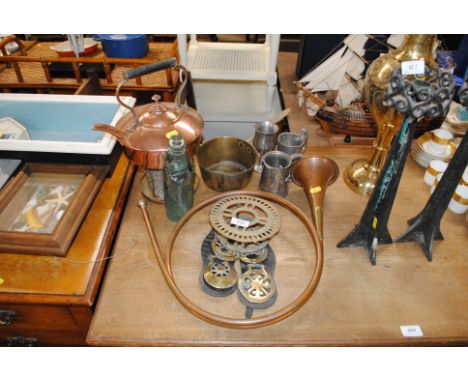 A French copper and brass hunting horn, a copper kettle on spirit heater stand, a brass and iron skillet, pewter items cod bo