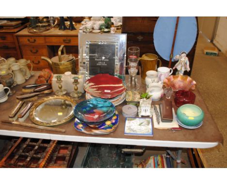A large quantity of various sundry glass and china to include mirrored photo frame, candle sticks, pastel burner, Carnival gl