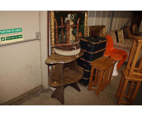 Two rustic side tables and a revolving piano stool