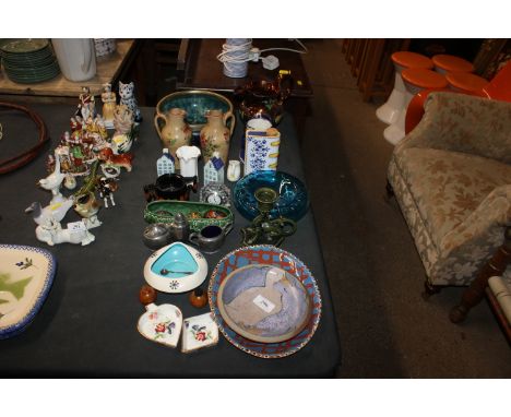 A quantity of various china etc to include a blue glass ash tray, lustre jug, pair of floral decorated jugs, decorative eggs,