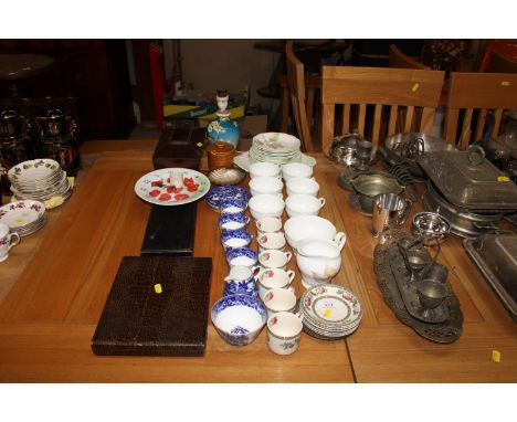 A small quantity of Copeland cups and saucers, Indian Tree patterned cups and saucers, a 19th Century mahogany sarcophagus sh