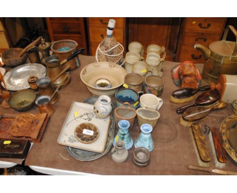 A quantity of various Studio Pottery items to include Bernard Rooke style table lamp, various mugs, vases, trays, bowl etc.