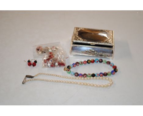 A quantity of Sterling silver mounted Murano glass and cultured pearl necklaces contained in white metal box 