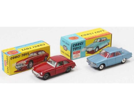 Corgi Toys Boxed Saloon Group, 2 examples to include No.252 Rover 2000, metallic blue body with red interior, and a No.327 MG