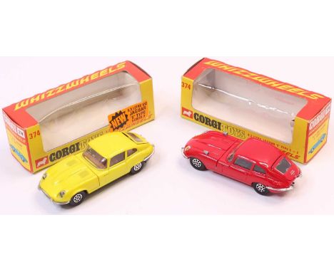 Corgi Toys Whizzwheels boxed diecast group, 2 examples to include No.374 4.2 litre E Type Jaguar, finished in red with black 