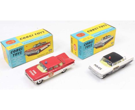 Corgi Toys boxed group of 2 emergency vehicles to include, No. 481 Chevrolet police car, black and white body with black roof