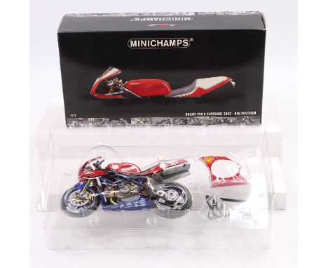 Minichamps 1/12th scale boxed Motorcycle, Ducatti 998 R Ben Bostrom 2002 Superbike, housed in the original plastic packaged b