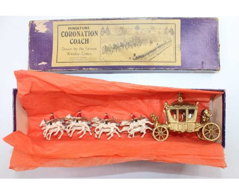 Johillco Series, Made in England, Miniature Coronation Coach, drawn by the Famous Windsor Greys, with King and Queen figure p
