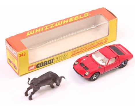 Corgi Toys Whizzwheels No. 342 Lamborghini P400 GT Miura in red with a white interior, silver base and jewelled headlights, t