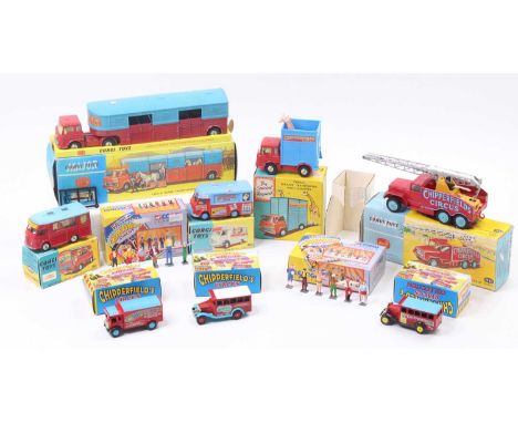 2 boxes containing a collection of original, repainted and modern release Corgi Chipperfields Circus diecasts, original examp