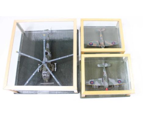 3 1/72nd scale plastic aircraft kit built models to include Spitfire MK2A, a Hawker Typhoon 1B Aircraft and a Westland Sea Ki