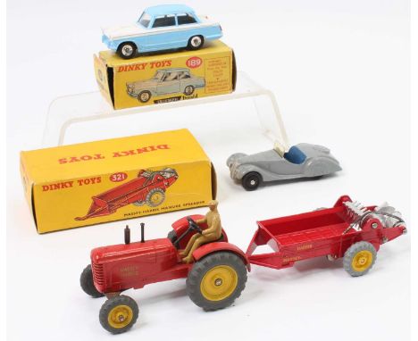 A collection of Dinky Toys models to include, No. 27A Massey Harris Tractor (VG), No. 321 Massey Harris Manure Spreader (VNM-