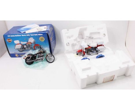 2 Franklin Mint Precision Models 1/10 scale motorcycles to include a 1976 Harley Davidson Electra Glide Road Rally Edition wi