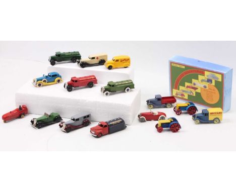 A collection of repainted and recast Dinky Toys models to include No. 22A Sports Car, No. 25D Petrol Tank Wagon, No. 36F Brit