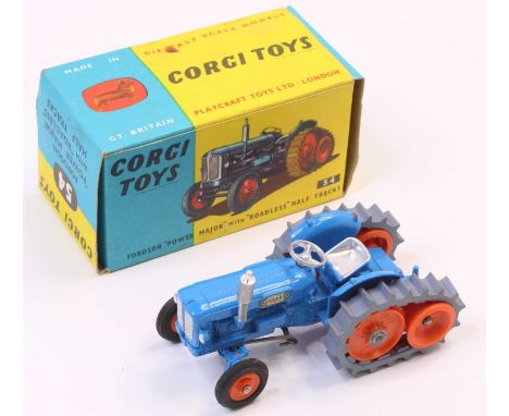 Corgi Toys No. 54 Fordson Power Major with roadless half tracks, comprising of blue body with orange plastic hubs and grey tr