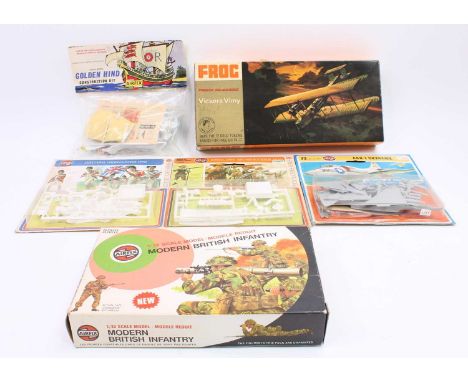 A small collection of various scale model kits to include, a Frog Vickers Vimy, 4x Airfix hang packs, (The Golden Hind, Engli