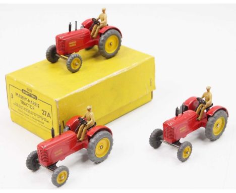 Dinky Toys No. 27A / 300 Massey Harris Tractor original trade box of 3 models consisting of red body, yellow metal hubs, ligh