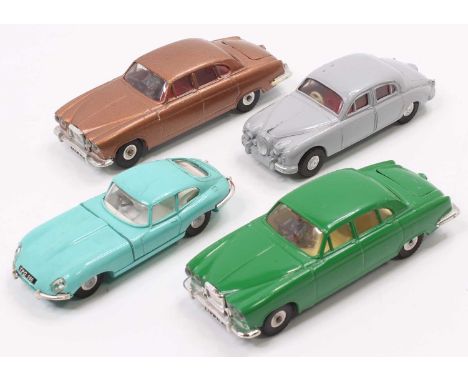 Spot On a group of 4 Jaguar models to include, 2x No. 218 Jaguar Mk10 - one in green with a yellow interior and driver figure