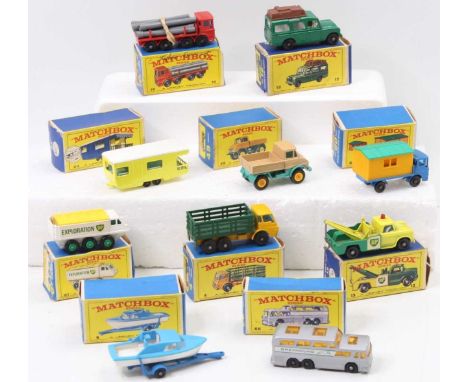 Matchbox Lesney collection of 10 boxed models to include, No. 9 Boat and Trailer, No. 10 Leyland Pipe Truck, No. 12 Land Rove