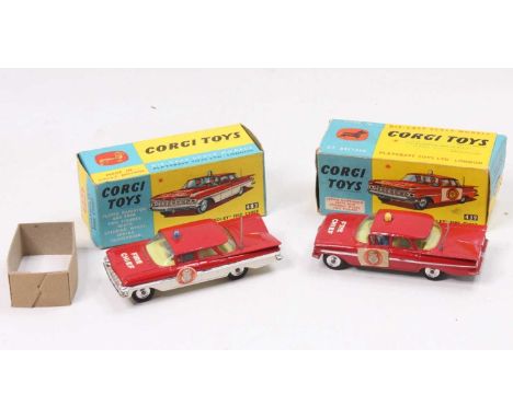 2 Corgi Toys boxed models to include, No. 482 Chevrolet Impala fire chief car, red over white body, chrome stripe with round 