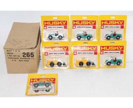 Corgi Toys Husky factory sample trade pack containing 5x No.5 Jeep - metallic green body with brown interior and driver, grey