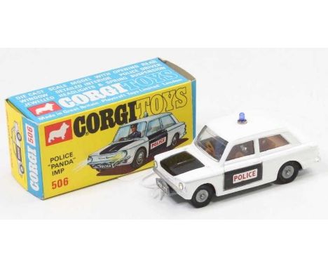 Corgi Toys, 506 Sunbeam Imp Panda car, white body, black bonnet and lower doors, jewelled headlights and blue light, sold in 