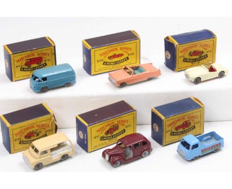 Matchbox Lesney boxed model group of 6 to include, No. 17 Austin Taxi, No. 19 MGA Sports Car, No. 29 Bedford Milk Float - box