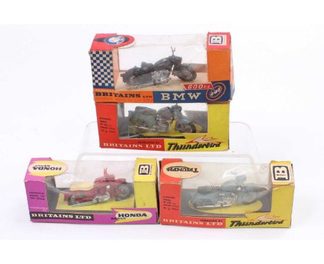 Britains 1/32nd scale boxed motorcycle group of 4 to include, 2x No. 9690 Triumph Thunderbird, No. 9693 Honda Benly and No. 9