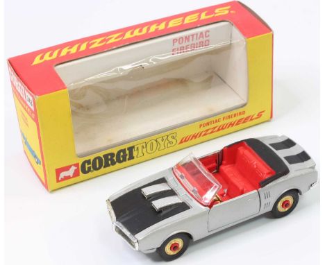 Corgi Toys No. 343 Pontiac Firebird, comprising of silver body with red interior and black bonnet and detailing, fitted with 