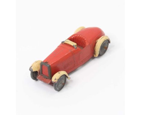 Dinky Toys pre-war No. 22A open sports car comprising red and cream body with tinplate radiator and lead cast wheels with cre