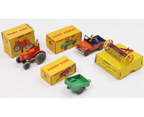 Dinky Toys boxed farming-related group of 4 to include, No. 27K Hay Rake (NM-BE), No. 27N/301 Field Marshall Tractor (VG-BF),