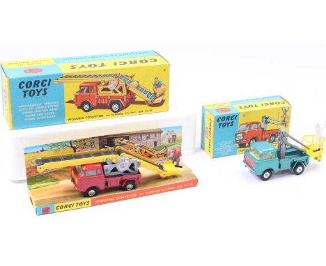 Corgi Toys boxed pair to include, No. 64 working conveyor on Forward Control Jeep comprising red body with yellow working con