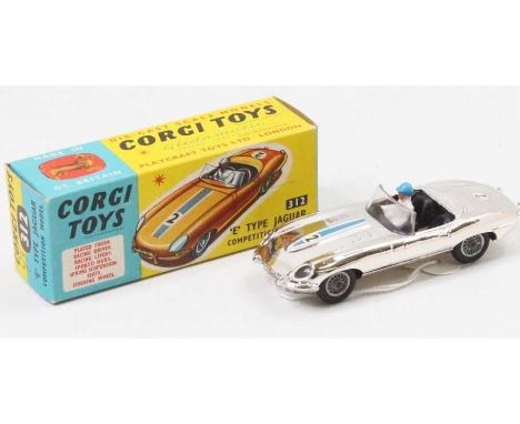 Corgi Toys, 312 'E' type Jaguar competition model, silver vacuum plated, RN2, driver, spoke wheels, in yellow and blue box, (