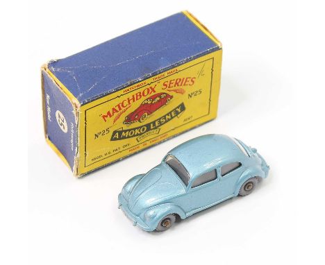 Matchbox Lesney No. 25 Volkswagen Beetle with a steel blue body, clear windows and grey plastic wheels, sold with its origina