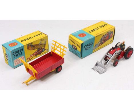 Corgi Toys Farming vehicle and attachment boxed diecast group, two examples to include No. 57 Massey Fergusson 65 tractor wit