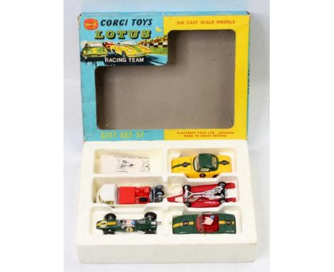 Corgi Toys gift set 37, Lotus Racing Team set in the original polystyrene packed box, complete with Corgi model club leaflet,