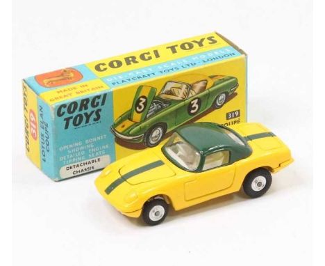  Corgi Toys No. 319 Lotus Elan Coupe comprising of yellow and green body with cream interior and spun hubs, housed in the ori