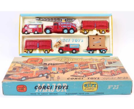 Corgi Toys Gift Set No. 23 Chipperfields Circus comprising booking van, circus crane truck, two animal cage wagons, Land Rove