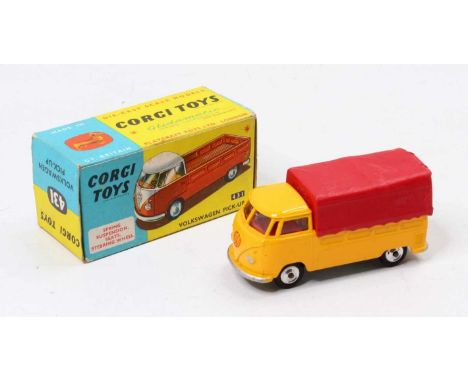 Corgi Toys No. 431 Volkswagen pick-up, yellow body with red canopy with red VW badge, spun hubs, in the original blue and yel