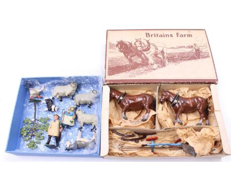 Britains Farm Series No.6F General Purpose plough, comprising light blue and red plough with twin brown horses, together with