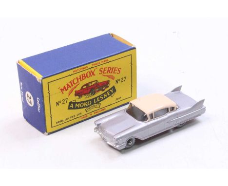 Matchbox Lesney No. 27 Cadillac Sixty Special in light silver grey with a cream roof and silver plastic wheels, housed in the